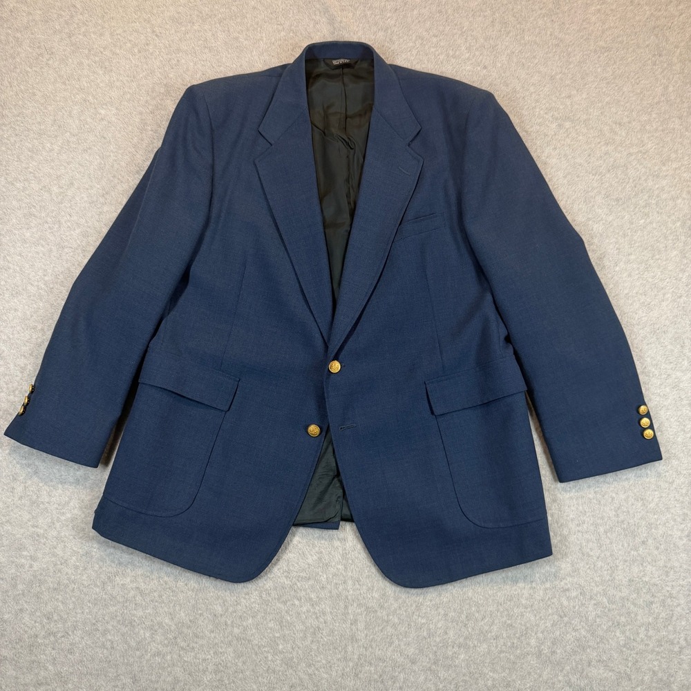Stafford Blazer Men 44R Navy Blue Worsted Wool Blend Two Button Gold Crest USA
